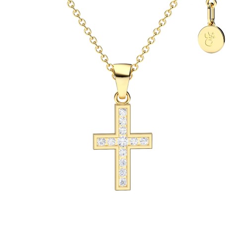 AMOONIC Kreuz Kette "Sparkling Mercy" Kreuzanhänger in 333 Gelbgold mit 12 Zirkonia Steinen - Kinder-Schmuck (individuell anpassbare Halskettenlänge)