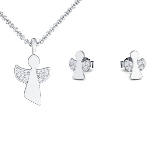 AMOONIC Engel-Set "Angels Love" Schutzengel - Talisman - Kinder-Schmuck-Set bestehend aus einer Kette und Ohrsteckern mit Zirkonia Steinen (individuell anpassbare Halskettenlänge) 