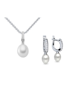AMOONIC Perlschmuck "Dreamlike" Brautschmuck bestehend aus einer Kette und Ohrhängern mit Süßwasserperlen und Zirkonia Steinen