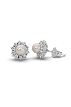 AMOONIC Ohrstecker "Sparkling Pearl" Blumen Ohrringe mit Süßwasserperlen und 20 Zirkonia Steinen